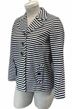 M&S Woman Blazer Black White Striped Button Front Nautical Jacket Career Size 14